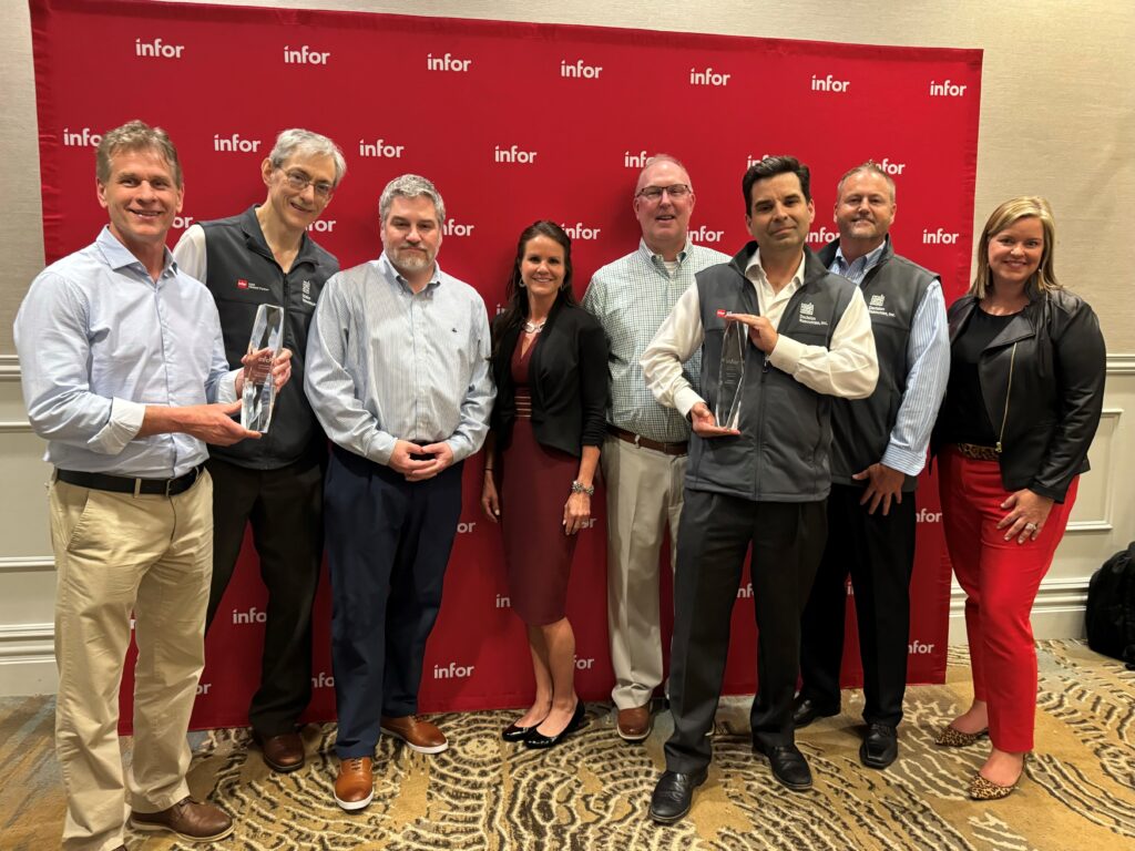 From left to right: Mike Stitt, director of solutions consulting at DRI; Bill Titus, president at DRI; John Haddox, COO at DRI; Salena Butler, senior VP and channel chief at Infor; Jim Tibbs, regional VP at Infor; Matt Kaminski, director of client success at DRI; David Worden, director of sales at DRI; Kari Finnigan, VP of channel at Infor