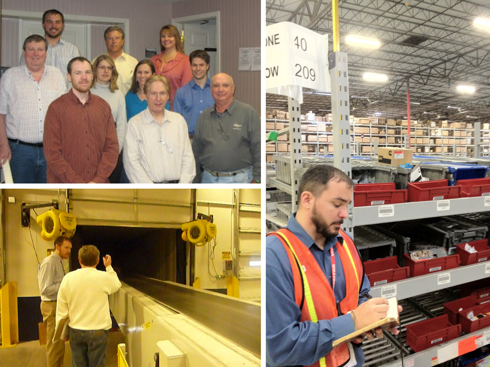 Clockwise from upper left: (1) The Mountain Leverage team came together in West Virginia in 2010. While several of these team members have since retired, those who are still with the company include Alex Reneman (upper left), Julie Johnson (upper right), Norm Connors (middle left), Katie Miler (middle row, second in from the right), and Dan Paul (bottom left). (2) Alex Reneman takes notes while visiting a prospective voice customer in 2012. (3) Dan Paul discusses operations with a prospect’s on-site leader in 2015.