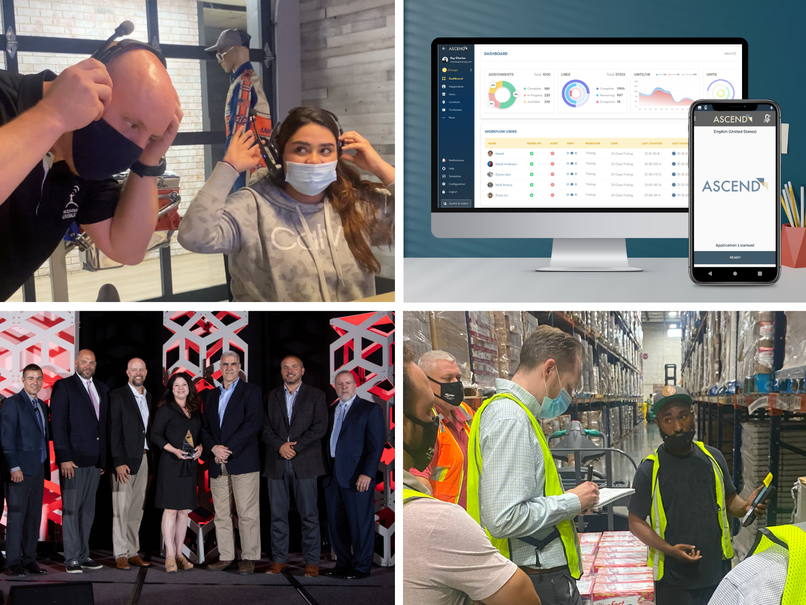 Clockwise from upper left: (1) ML’s Eric Salicce trains a voice end-user during the pandemic. (2) Ascend™ by Mountain Leverage provides greater productivity, data visibility, and operational scalability. (3) ML’s Dan Paul provides workflow consulting at a warehouse. (4) Mountain Leverage received partnership and leadership awards from Honeywell over the last several years.