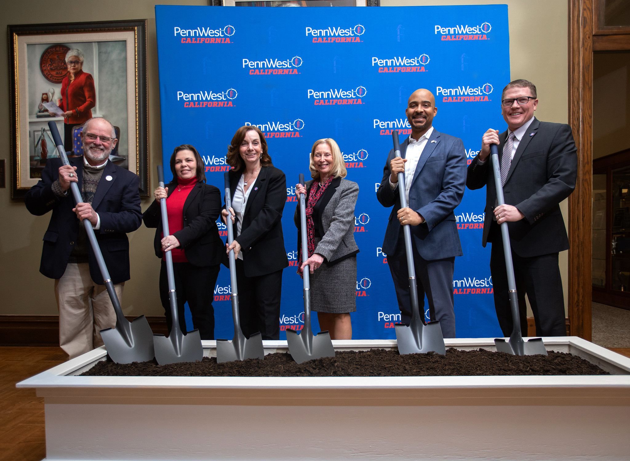 Rep. Bud Cook (left), 50th Legislative District; Fawn Petrosky, vice president for Administration and Finance at PennWest; Dr. Brenda Fredette, dean, Provost’s Office; Kathy Pape, chair of the PennWest Council of Trustees; Reggie McNeil, secretary of the Pennsylvania Department of General Services; Dr. Jonathan Anderson, president of PennWest.